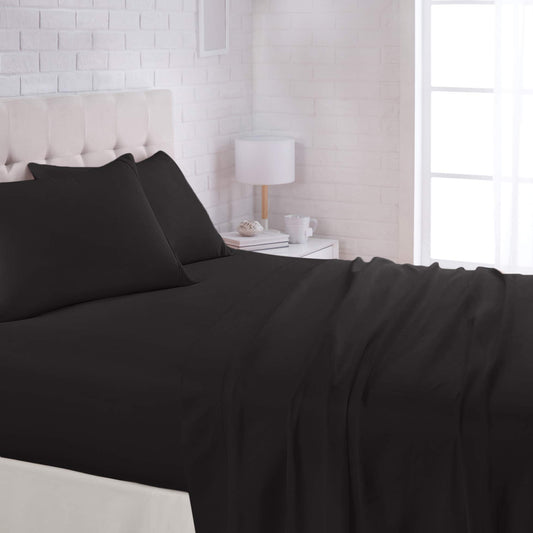 Amazon Basics Lightweight Super Soft Easy-Care Microfiber 4-Piece Bed Sheet Set with 14-Inch Deep Pockets, Queen, Black, Solid